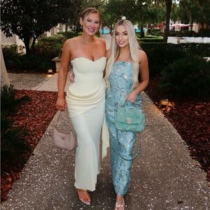 Oakley | Lemon Satin Bandeau Maxi Dress with Draped Skirt | Club L London